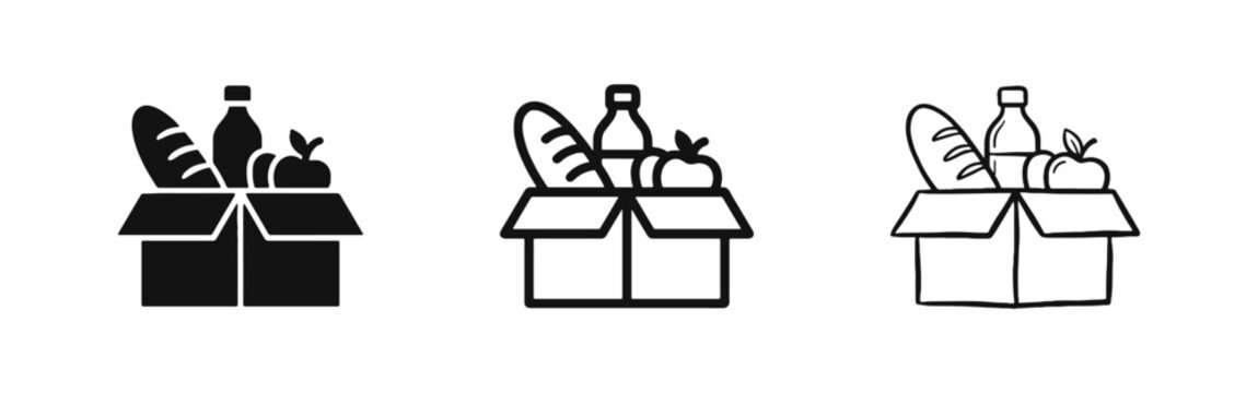 Grocery box with food items donation delivery icon set