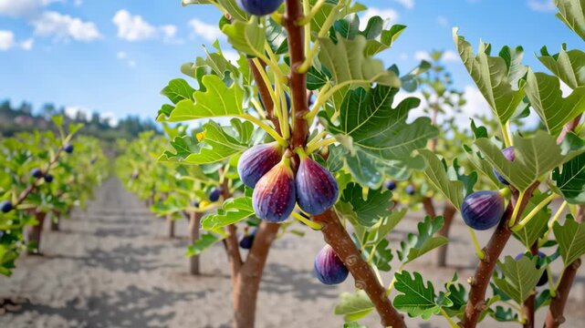 Figs hanging on the tree in the sunny orchard farm garden with green leaves at sunset. Close-up of bright ripe red purple fruits growing in nature, a natural organic product background banner design.