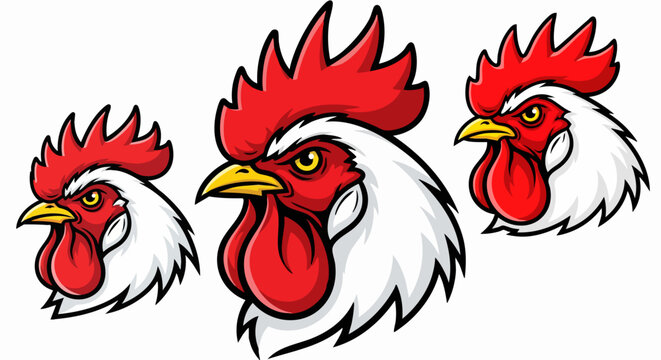 Fierce rooster mascot head vector set, angry chicken sports logo icons, aggressive farm bird character illustrations with red comb and white feathers