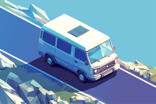 Cartoon isometric low polygonal van on a mountain road on a clear sunny day at the seaside, cargo transportation, auto travel, nature background, vector illustration