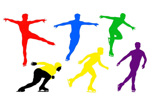 Flat Vector Illustration of 6 Colorful Men Skating &ndash; Dynamic Silhouette Style Isolated