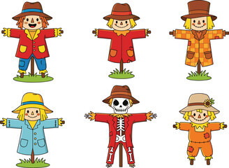 Fototapeta premium Scarecrow Set with Different Designs, Hats, and Poses for Fall, Harvest, and Halloween Illustrations