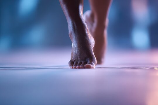 A gymnast performs a balance routine on one leg on a smooth surface. The setting shows bright lights and a gym atmosphere, highlighting the focus on skill and precision