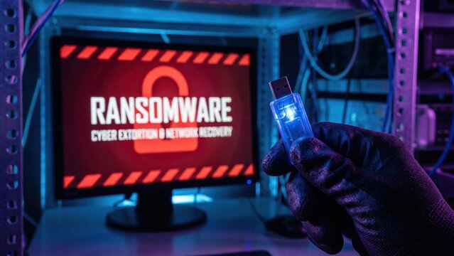 Cyber Security Concept with USB Key and Ransomware Warning on Computer Screen
