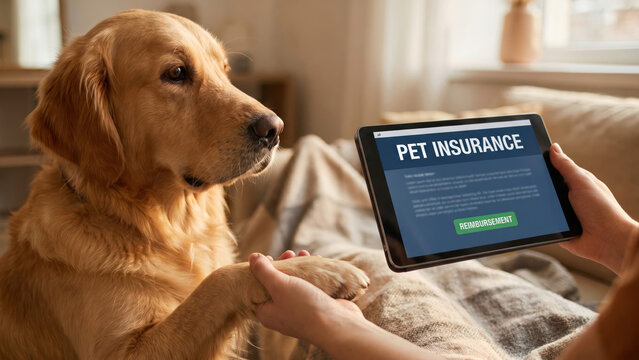 Pet Insurance Reimbursement Bill with Golden Retriever's Paw Relaxing at Home