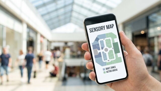 Indoor Mall Navigation Map for Autism with Color-Coded Zones on Smartphone Screen