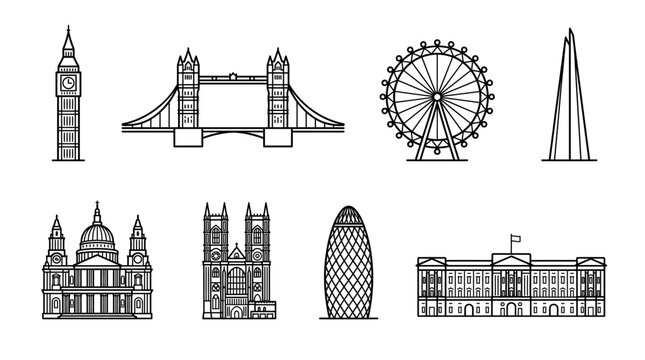 A comprehensive collection of iconic architectural landmarks and renowned historical buildings, showcasing the distinct skyline and cultural heritage of a prominent European capital