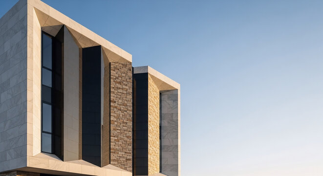 Modern architectural building facade with stone and marble textures against blue sky with copy space for real estate and design.