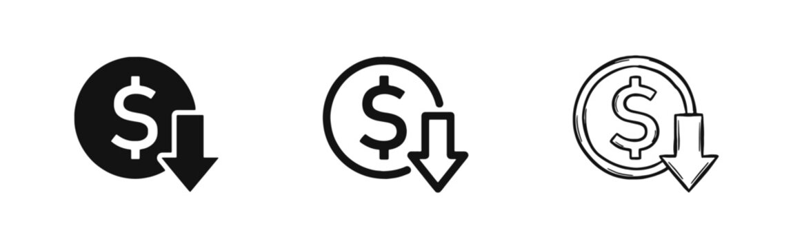 Dollar coin with down arrow price drop deflation icon set