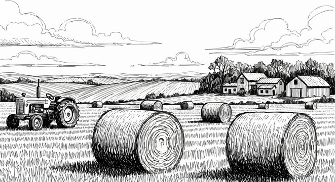Vintage farm landscape with hay bales and tractor, hand drawn rural countryside sketch, rustic agricultural harvest scene in woodcut style