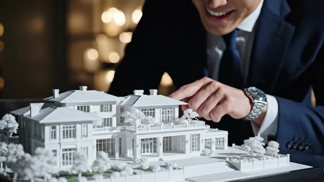 Architect presenting a luxury house scale model. Professional man in a suit pointing at a residential villa prototype. Real estate marketing and architectural design concept
