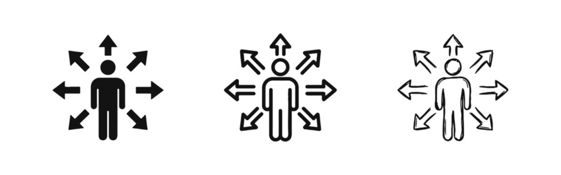 Person with arrows pointing out multiple directions icon set