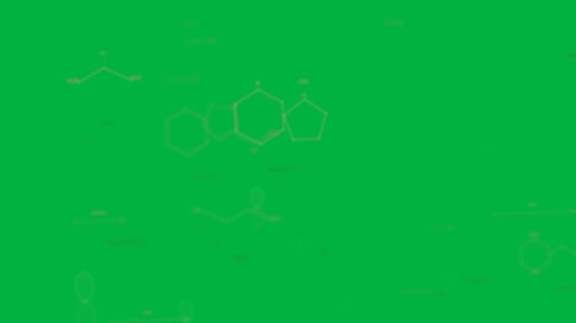 Trail forming, hexagons aligning, labels appearing showing molecules on transparent canvas