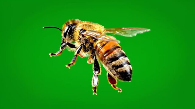 Close up bee hovering in bright green background.