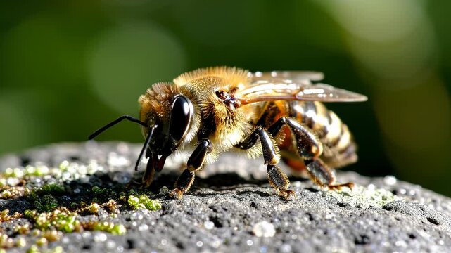 Close up bee on stone edge in natural light video.