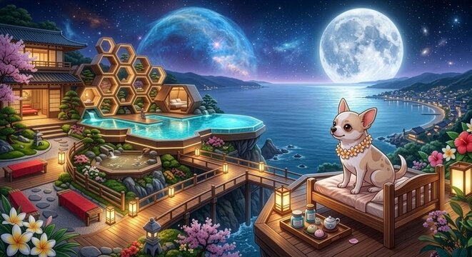 AI-generated 　宇宙に浮かぶ、豪華でモダンな和風と宇宙的な要素が融合したウェルネスサンクチュアリで、満足そうに佇むチワワを描いた、高品質なデジタルイラスト。手ぬぐいを頭に巻いていない自然な姿の犬、光り輝く木製のハニカム構造、タラソテラピープール、満開の桜、巨大な満月、星々、そして星雲が描かれています。他に類を見ないペットウェルネスコンセプトです。