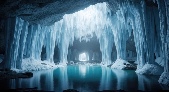 Stunning ice cave with water and dramatic lighting scene illustration