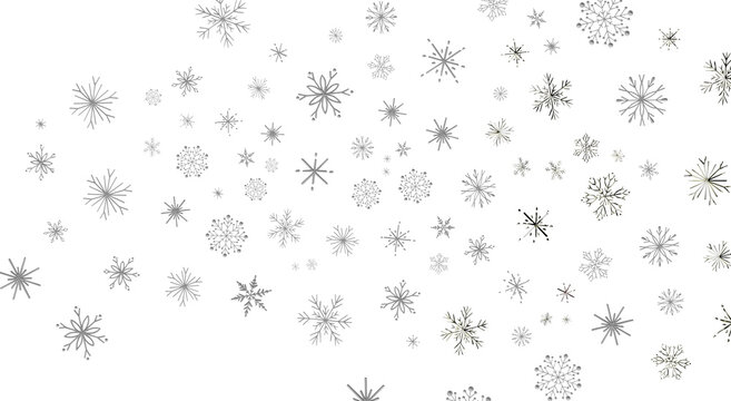 Falling snowflakes on a white background, perfect for winter and Christmas designs, creating a fros