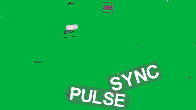 Magenta tags starting PULSE scaling left, SYNC rotating, aligning, revealing logo on transparent bg