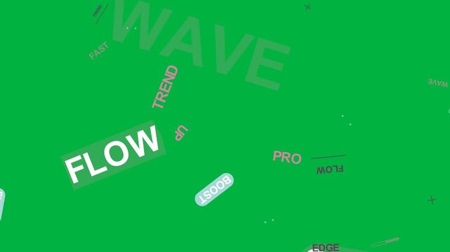 Tiny pink labels appearing, sparking WAVE FLOW BOOST rotating, drifting as transparent overlay