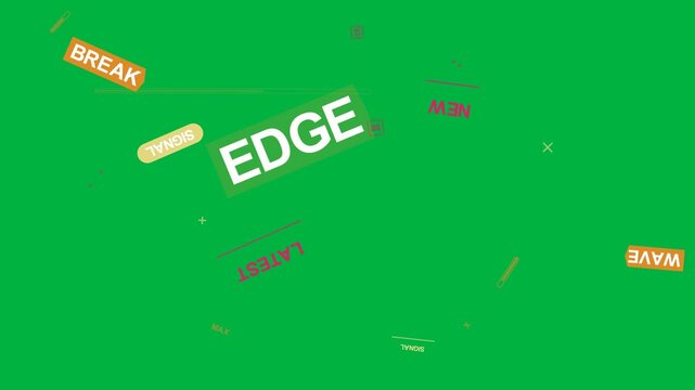 Orange EDGE tag expanding, rotating, nudging tags orbiting and aligning, forming title on clear bg