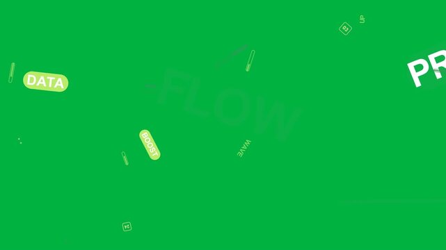 Neon bits popping at edges sparking FLOW forming tags orbiting fading on transparent bg for reveal