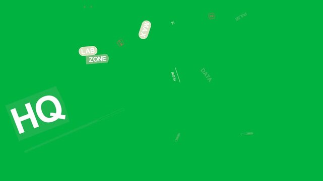 HUD badges powering up, rotating, orbiting and dispersing over transparent plane showing data flow