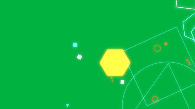 Entering cyan ring making yellow hexagon bobbing, squares orbiting, showing motion on transparent