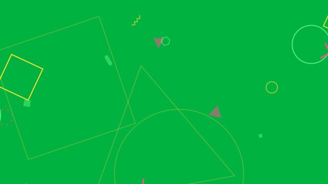 Yellow shapes entering bottom-right, overlapping then scattering to form decor field on transparent