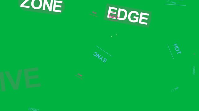 Neon badges and icons entering moving overlapping after tiny pink LIVE tag, forming transparent HUD