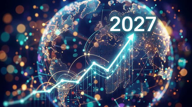 Rising growth arrow on a digital globe with the year 2027. Economic forecast and global business success trend for a new year celebration. Innovative finance.