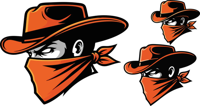 Cowboy outlaw mascot vector, western bandit head wearing orange hat and bandana mask, wild west gunslinger character for sports logo and gaming