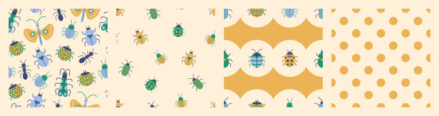 Cute insect bug seamless pattern collection. Butterflies, beetles, ants on light pastel background. Minimal nursery kids doodle prints. Colorful forest creatures for funny summer design. © Veronica