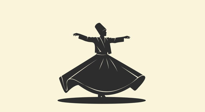 An elegant black silhouette of a Sufi whirling dervish dancer in traditional attire, gracefully performing the spiritual Sema ritual, symbolizing peace and transcendence.