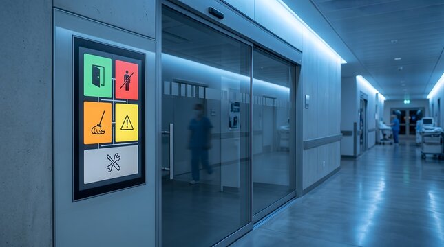 Digital safety signage on hospital corridor door