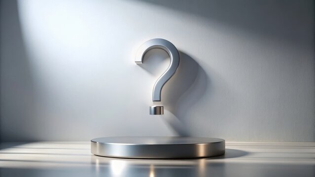 A metallic question mark hovers above a sleek, circular platform, bathed in soft, diffused light, symbolizing inquiry and contemplation.