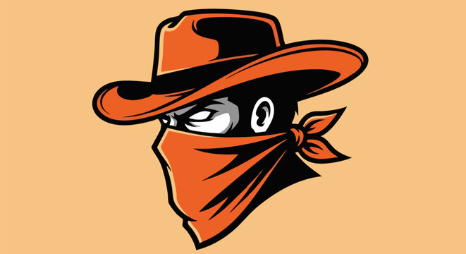 Cowboy outlaw vector illustration, western bandit head wearing orange hat and bandana mask, mysterious gunslinger mascot for gaming and sports