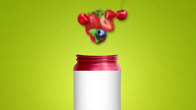 Colorful jam mockup mix of fresh berries and fruits on yellow background