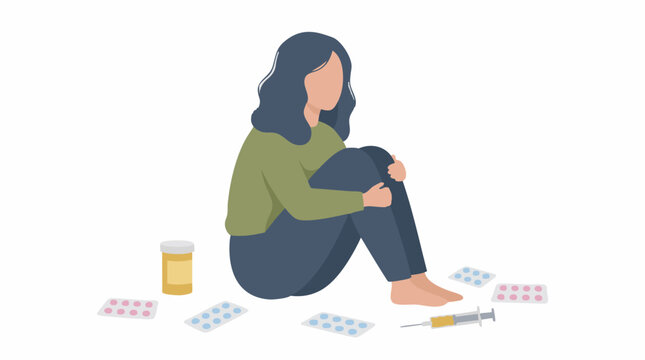 Despairing woman surrounded by pills and syringe, symbolizing addiction