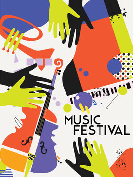 Colorful Jazz Music Festival Poster with Instruments and Hands, Abstract Concert Background