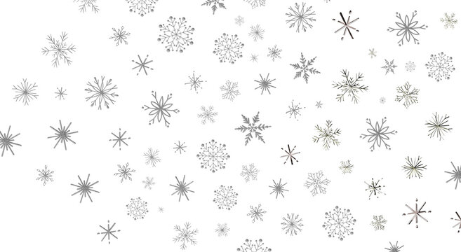 Stylish, simple winter background with falling silver snowflakes on white for seasonal designs