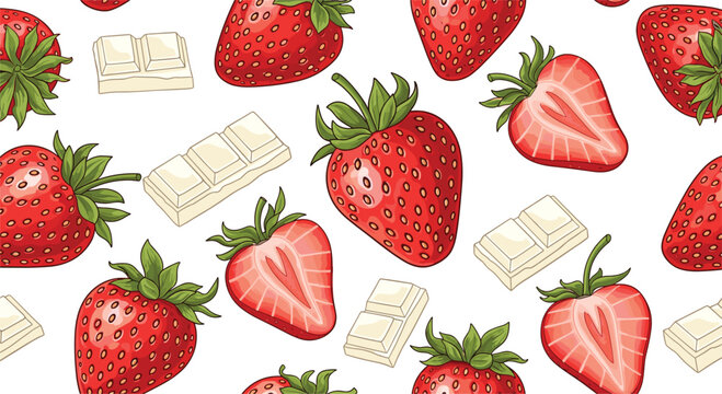 Illustration of Fresh Strawberries and White Chocolate Pieces on a Solid White Background"