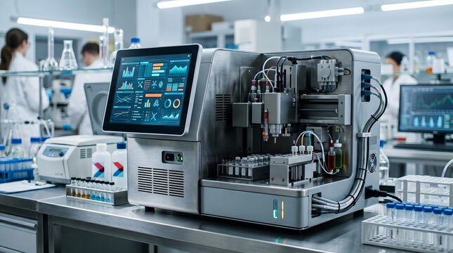 Laboratory analyzer machine with data screen in modern lab