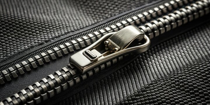 Close-up view of a metallic zipper slider and teeth on dark textured fabric