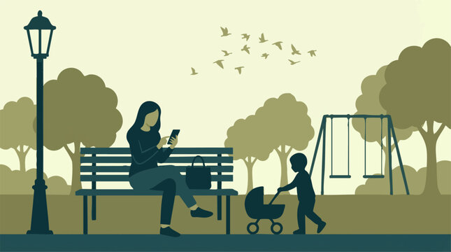 Woman on park bench absorbed in smartphone, child plays with stroller nearby