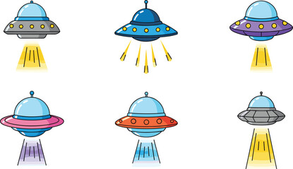 Colorful UFO Flying Spaceships Set with Hovering Lights and Abduction Beam Icons for Sci-Fi, Space Exploration, and Alien Themed Designs © Sanjida