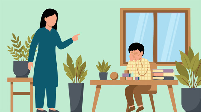 Woman scolding a young child who is covering his face in sadness