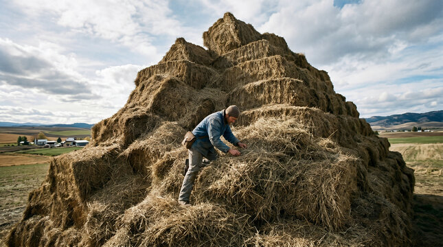 A person meticulously trying to find an incredibly tiny, shiny needle in a massive, towering haystack the size of a mountain