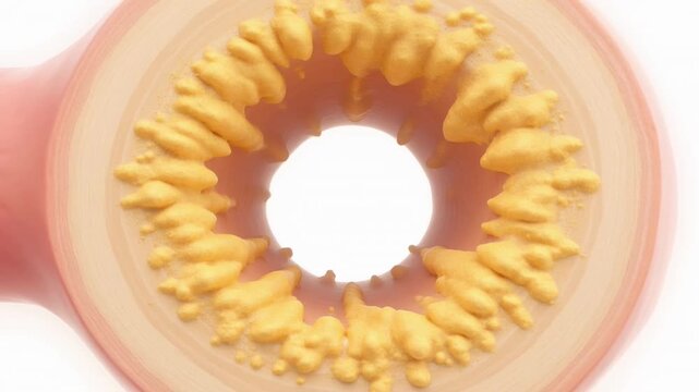 3D medical visualization displaying detailed cross-sectional anatomy of human eye iris with yellow textured surface showing anatomical structures against white background.