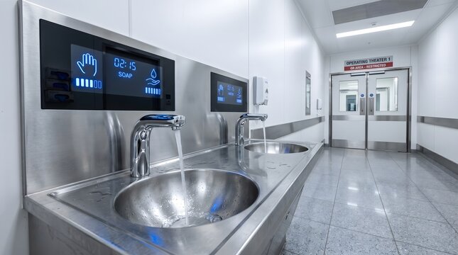 Hospital hand washing station with digital hygiene timers